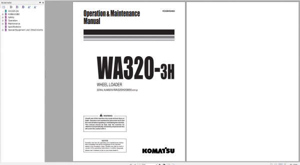 Komatsu Wheel Loader WA320 3H Operation Maintenance Manual VEAM450400 2001
