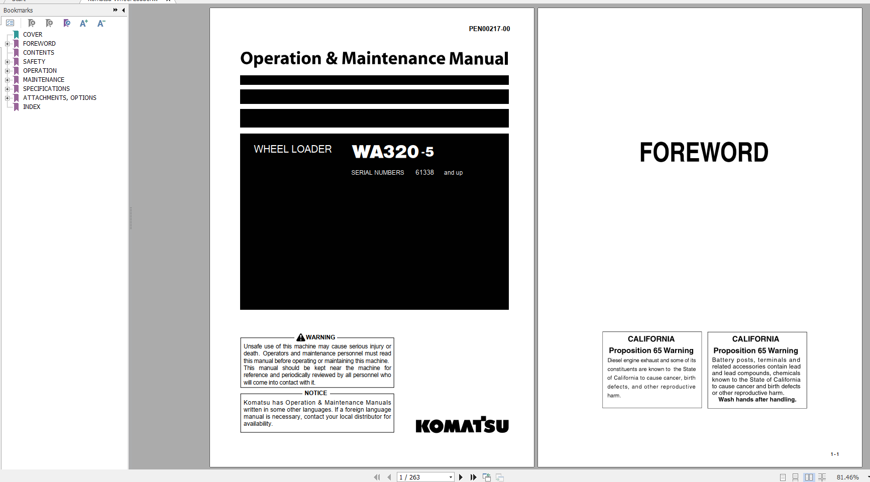Komatsu Wheel Loader WA320 5 Operation Maintenance Manual PEN00217 00 2007