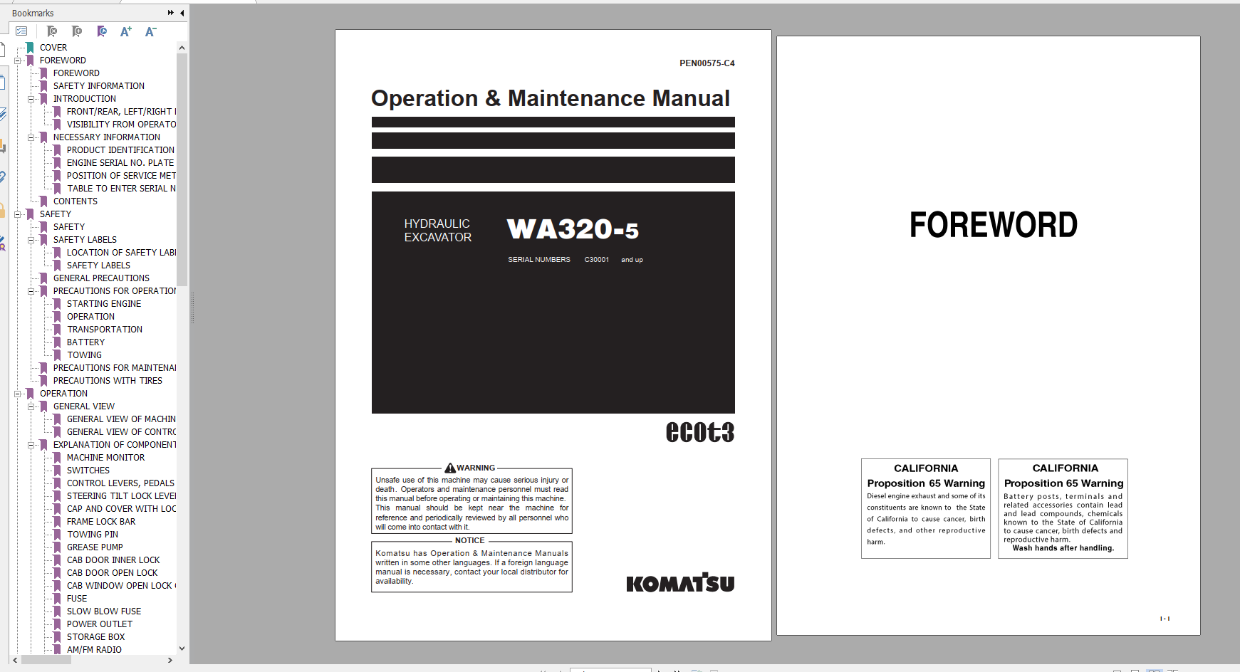 Komatsu Wheel Loader WA320 5 Operation Maintenance Manual PEN00575 C4 2018