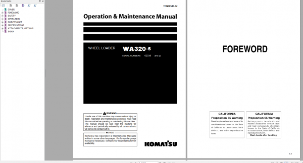 Komatsu Wheel Loader WA320 5 Operation Maintenance Manual TEN00540 02 2018