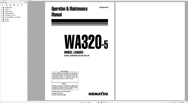 Komatsu Wheel Loader WA320 5 Operation Maintenance Manual VEAM240100 2006