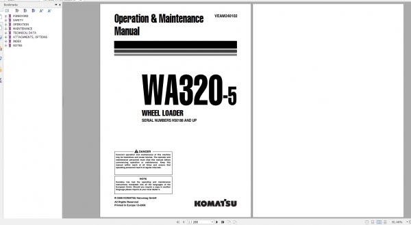 Komatsu Wheel Loader WA320 5 Operation Maintenance Manual VEAM240102 2008