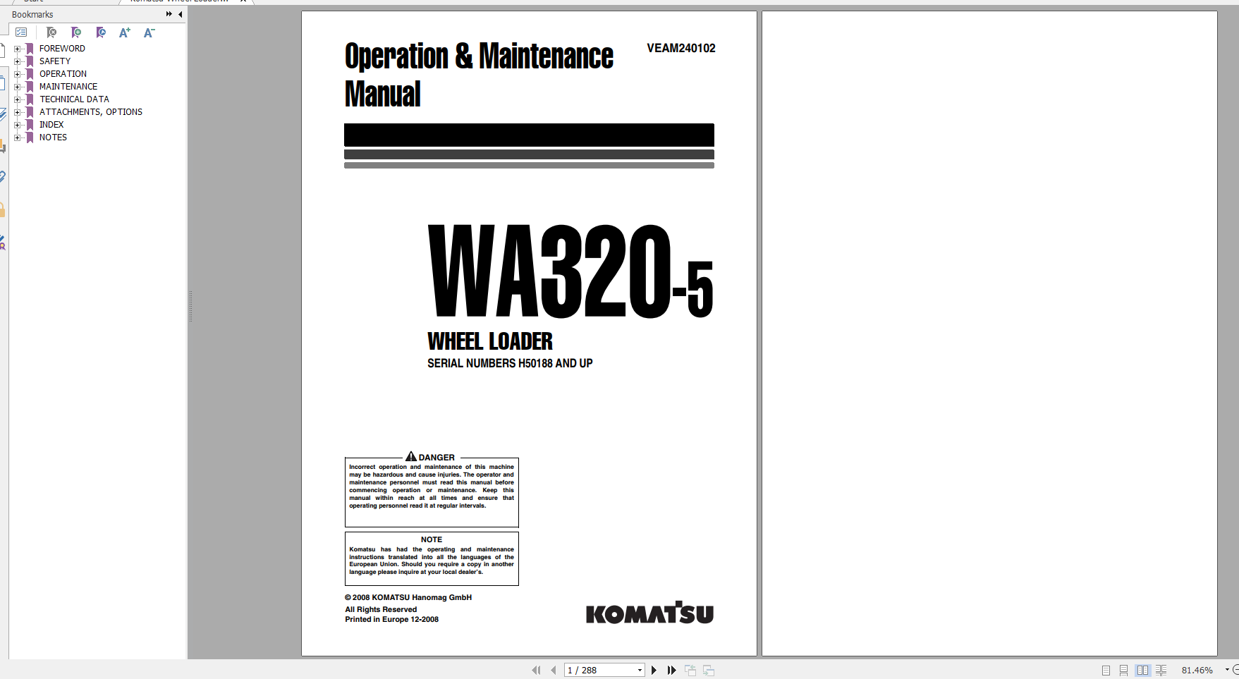 Komatsu Wheel Loader WA320 5 Operation Maintenance Manual VEAM240102 2008