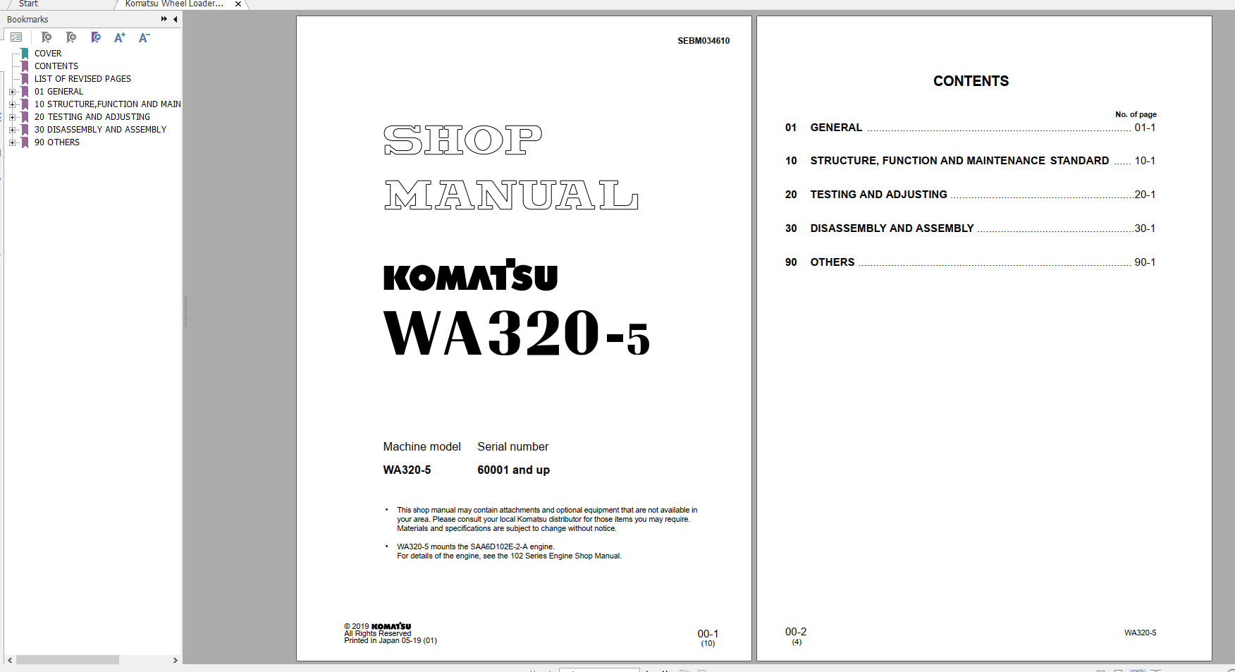 Komatsu Wheel Loader WA320 5 Shop Manual SEBM034610 2019