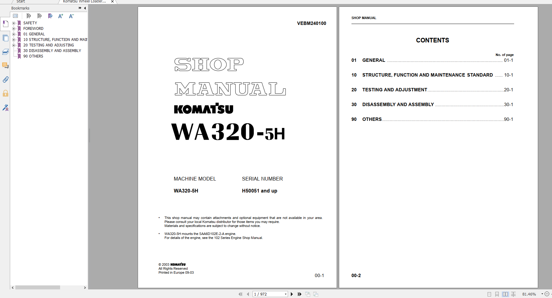 Komatsu Wheel Loader WA320 5H Shop Manual VEBM240100 2003