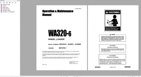 Komatsu Wheel Loader WA320 6 Engine 6D107E 1 Operation Maintenance Manual CEAM019804 2016