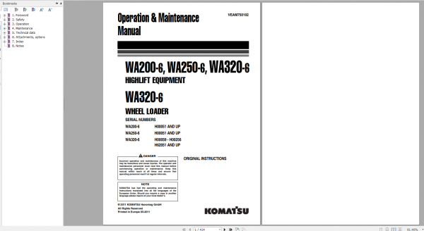 Komatsu Wheel Loader WA320 6 WA250 6 WA320 6 Operation Maintenance Manual VEAM750102 2011