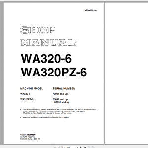 Komatsu Wheel Loader WA320 6 WA320PZ 6 Shop Manual VEBM620100 2009