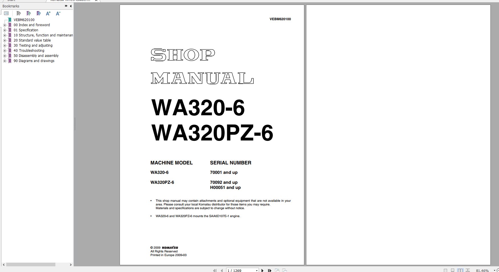 Komatsu Wheel Loader WA320 6 WA320PZ 6 Shop Manual VEBM620100 2009