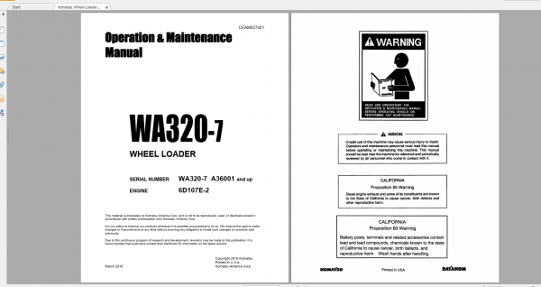 Komatsu Wheel Loader WA320 7 Engine 6D107E 2 Operation Maintenance Manual CEAM027401 2016