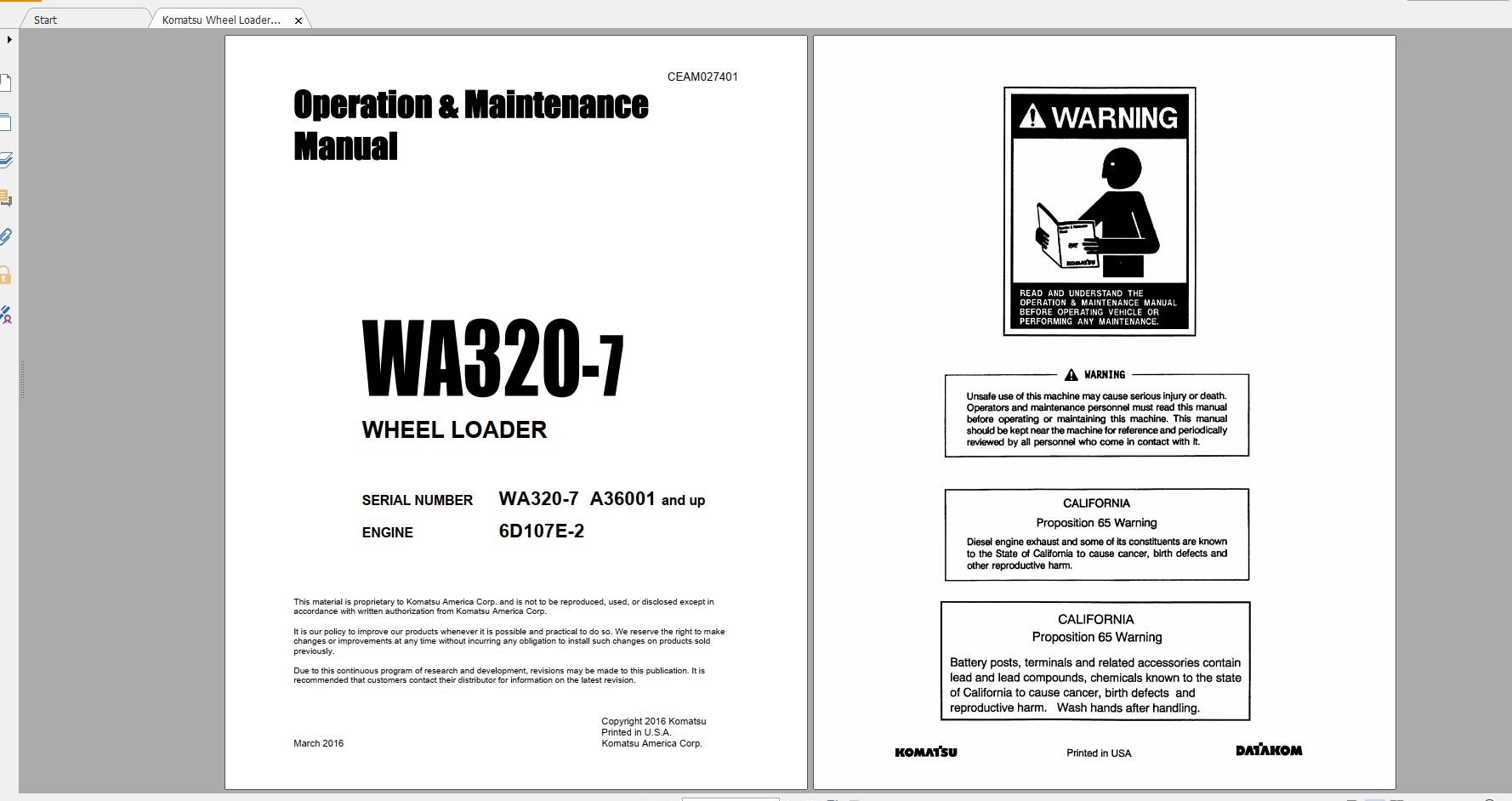 Komatsu Wheel Loader WA320 7 Engine 6D107E 2 Operation Maintenance Manual CEAM027401 2016