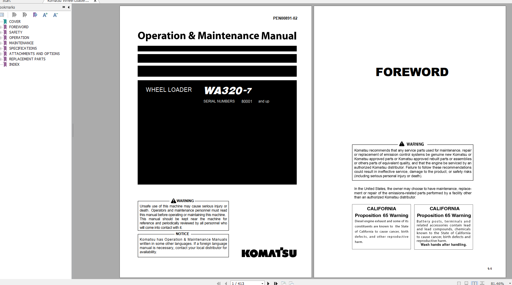 Komatsu Wheel Loader WA320 7 Operation Maintenance Manual PEN00891 02 2019