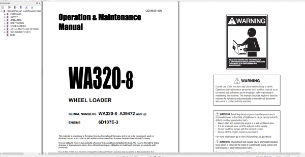 Komatsu Wheel Loader WA320 8 Engine 6D107E 3 Operation Maintenance Manual CEAM031606 2020