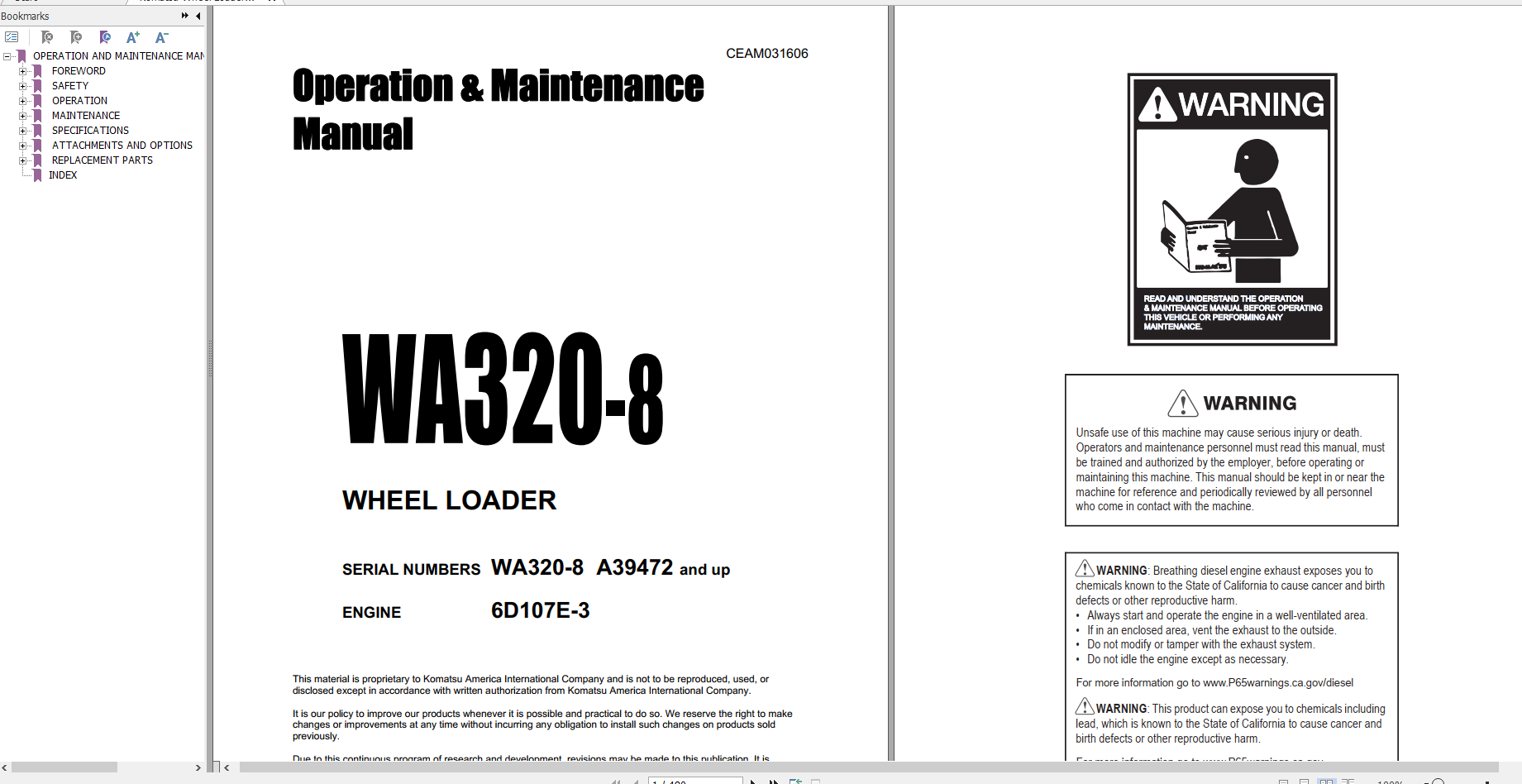 Komatsu Wheel Loader WA320 8 Engine 6D107E 3 Operation Maintenance Manual CEAM031606 2020