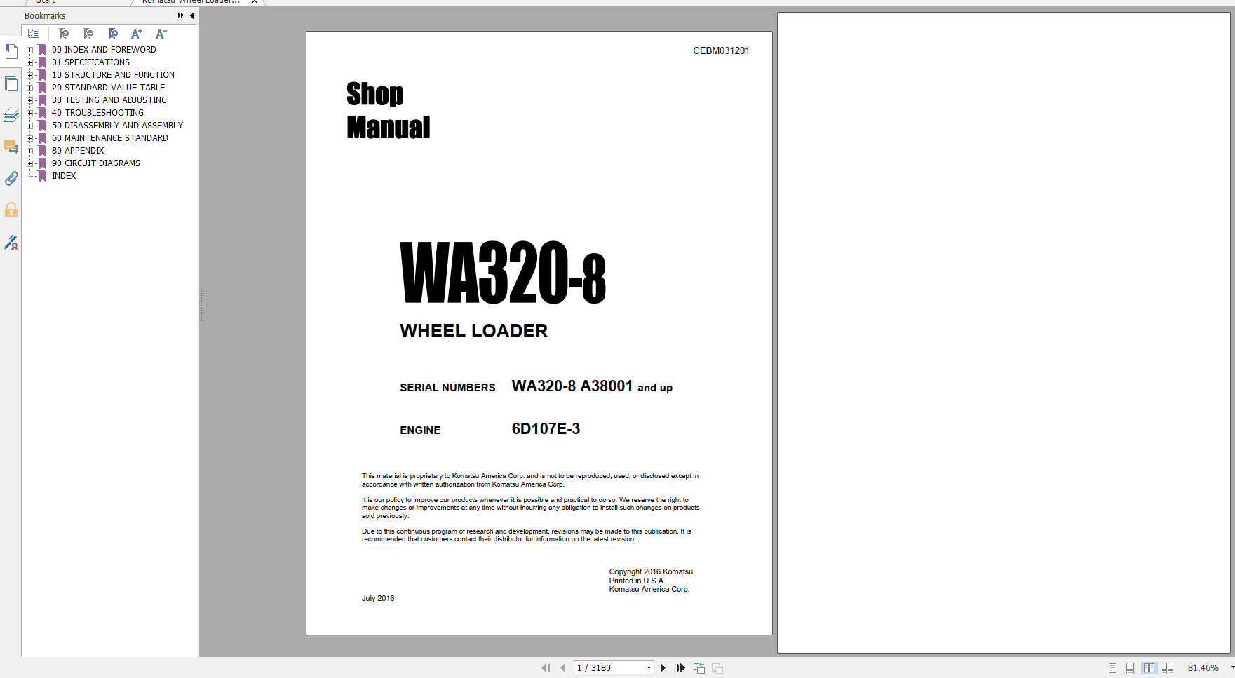 Komatsu Wheel Loader WA320 8 Engine 6D107E 3 Shop Manual CEBM031201 2016