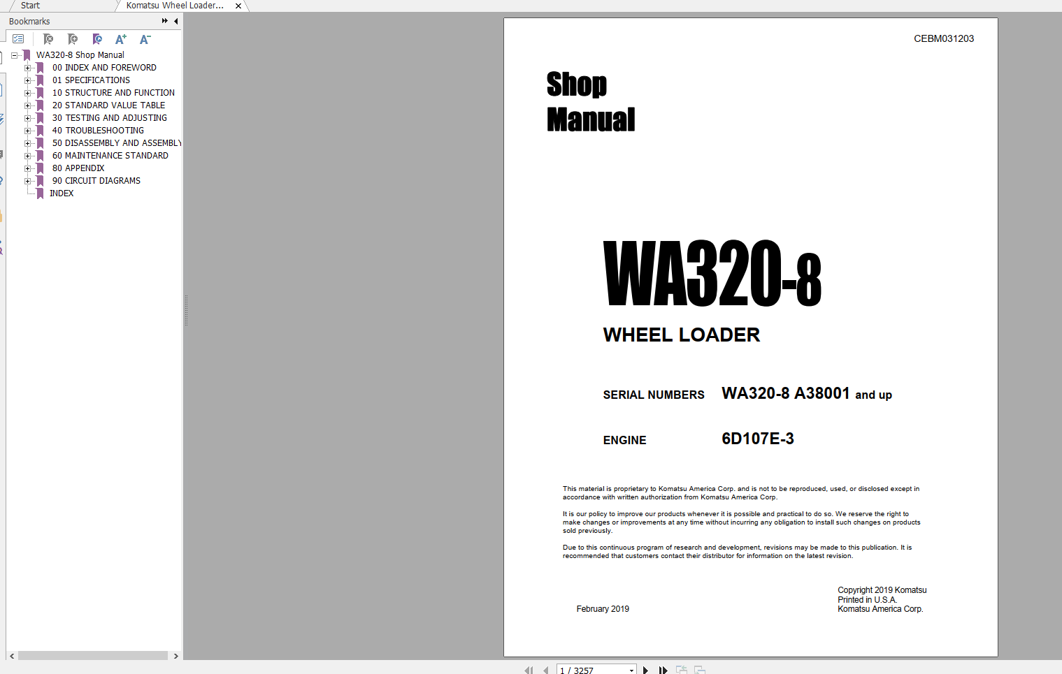 Komatsu Wheel Loader WA320 8 Engine 6D107E 3 Shop Manual CEBM031203 2019