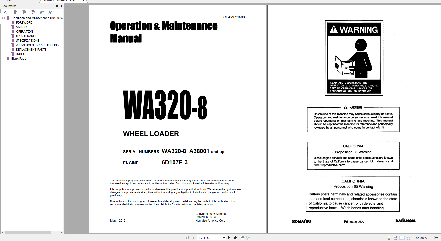 Komatsu Wheel Loader WA320 8 Engine 6D107E 7 Operation Maintenance Manual CEAM031600 2016