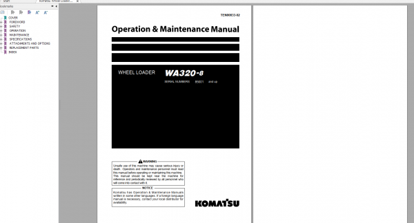 Komatsu Wheel Loader WA320 8 Operation Maintenance Manual TEN00833 02 2019