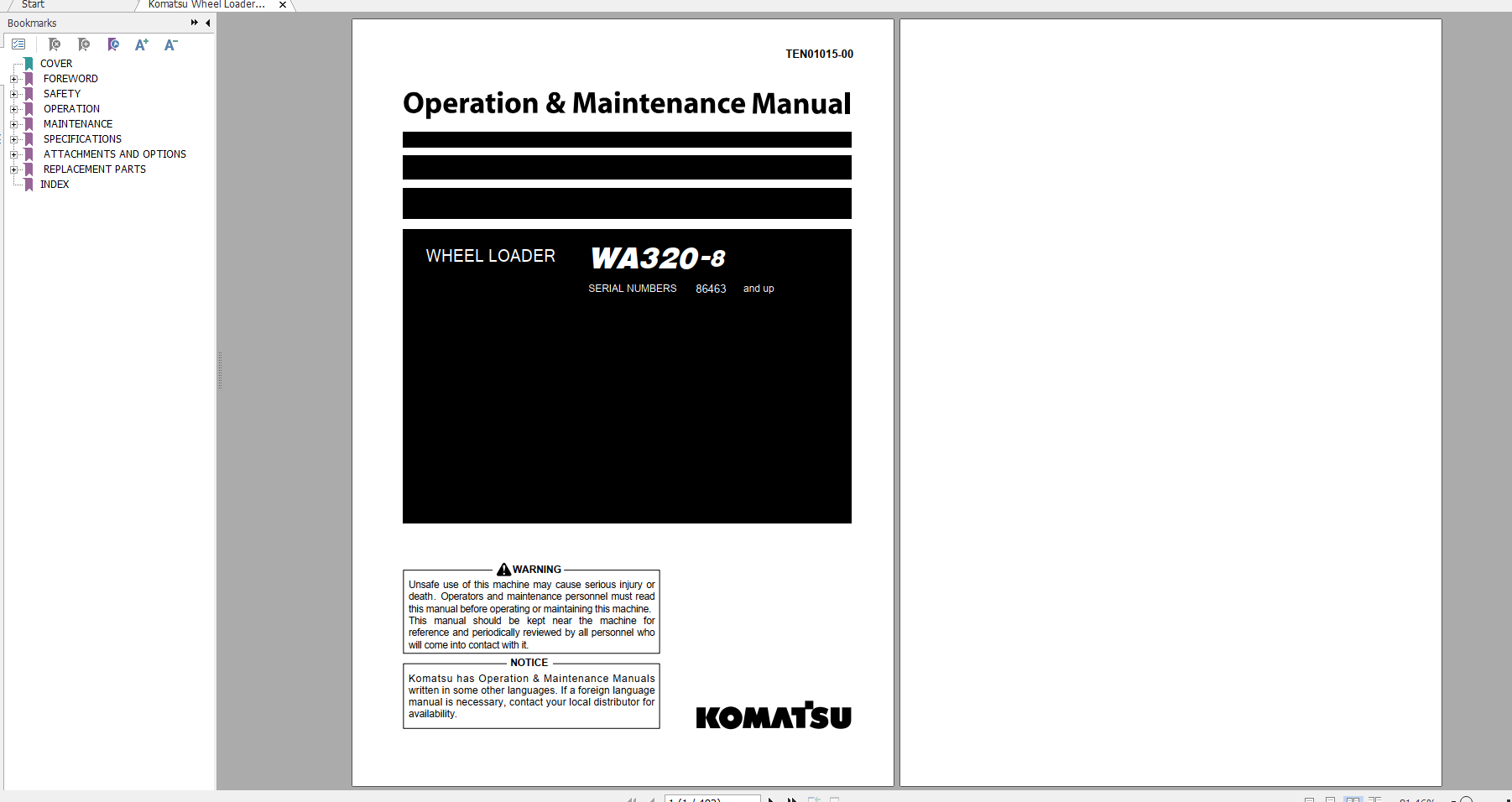 Komatsu Wheel Loader WA320 8 Operation Maintenance Manual TEN01015 00 2021