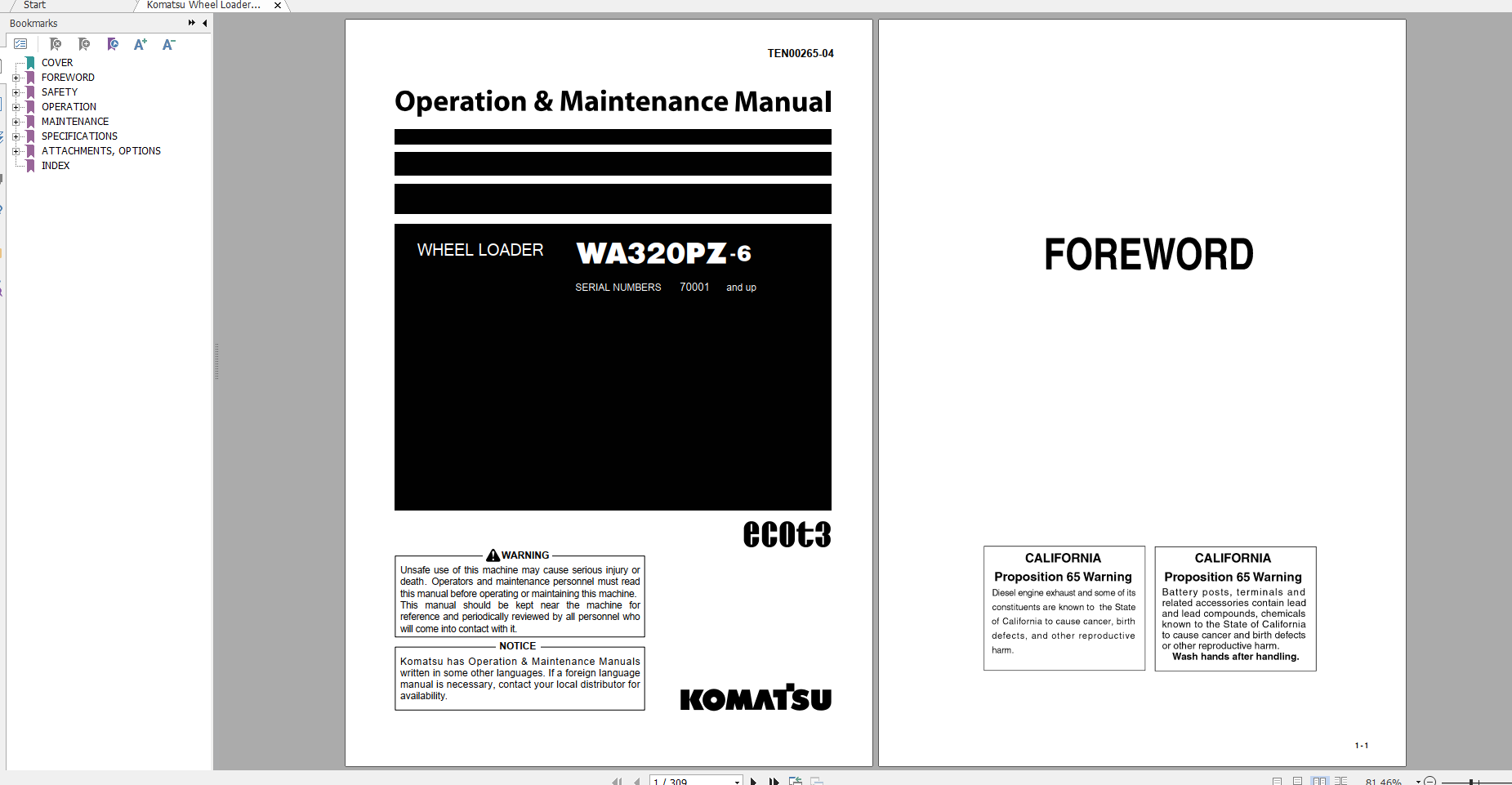 Komatsu Wheel Loader WA320PZ 6 Operation Maintenance Manual TEN00265 04 2009