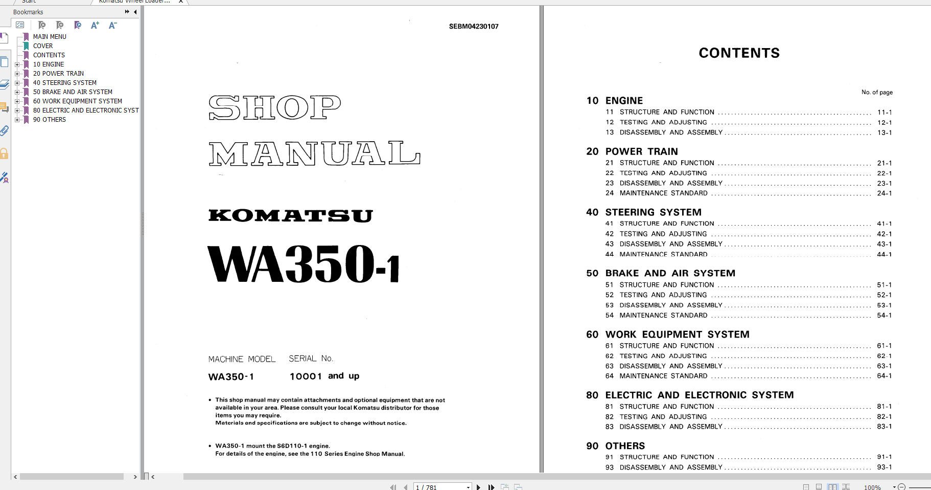 Komatsu Wheel Loader WA350 1 Shop Manual SEBM04230107