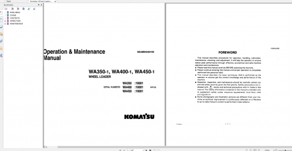 Komatsu Wheel Loader WA350 1 WA400 1 WA450 1 Operation Maintenance Manual SEAM04230103
