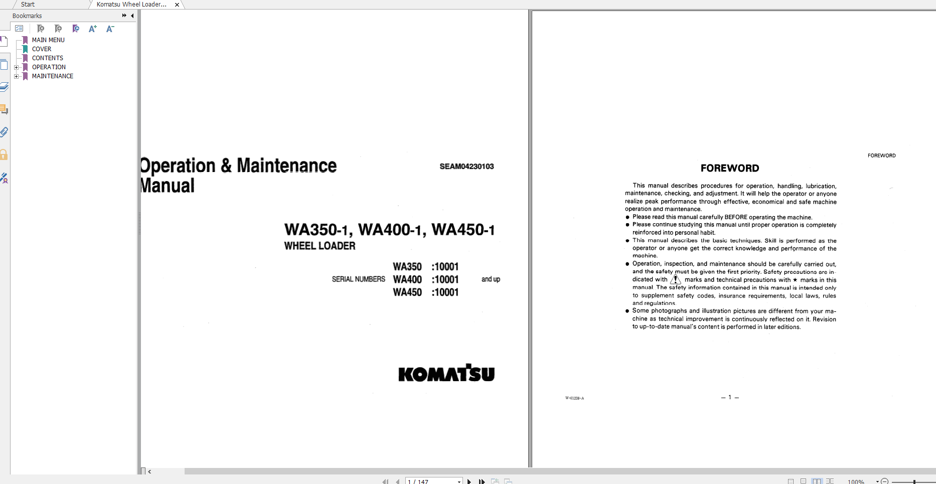Komatsu Wheel Loader WA350 1 WA400 1 WA450 1 Operation Maintenance Manual SEAM04230103