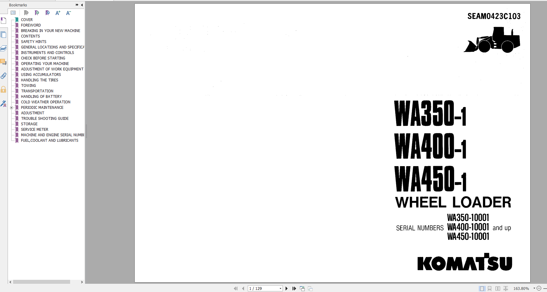 Komatsu Wheel Loader WA350 1 WA400 1 WA450 1 Operation Maintenance Manual SEAM0423C103
