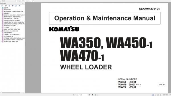 Komatsu Wheel Loader WA350 WA450 1 WA470 1 Operation Maintenance Manual SEAM04230104