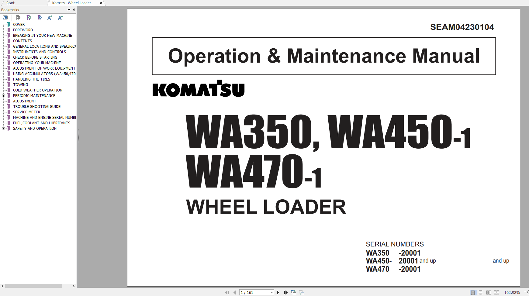 Komatsu Wheel Loader WA350 WA450 1 WA470 1 Operation Maintenance Manual SEAM04230104
