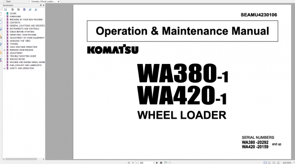 Komatsu Wheel Loader WA380 1 WA420 1 Operation Maintenance Manual SEAMU4230106