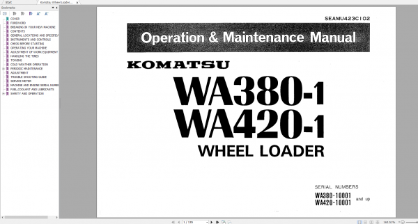 Komatsu Wheel Loader WA380 1 WA420 1 Operation Maintenance Manual SEAMU423C102