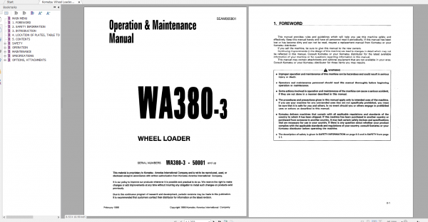 Komatsu Wheel Loader WA380 3 Operation Maintenance Manual SEAD005801 1998