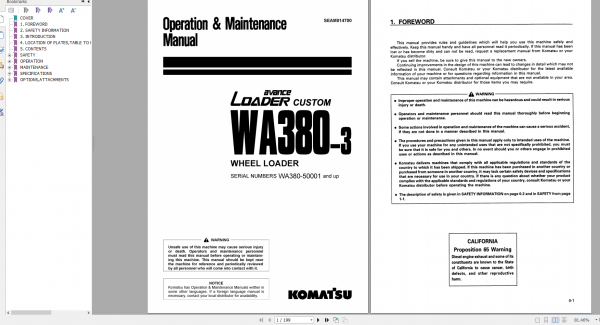 Komatsu Wheel Loader WA380 3 Operation Maintenance Manual SEAM014700