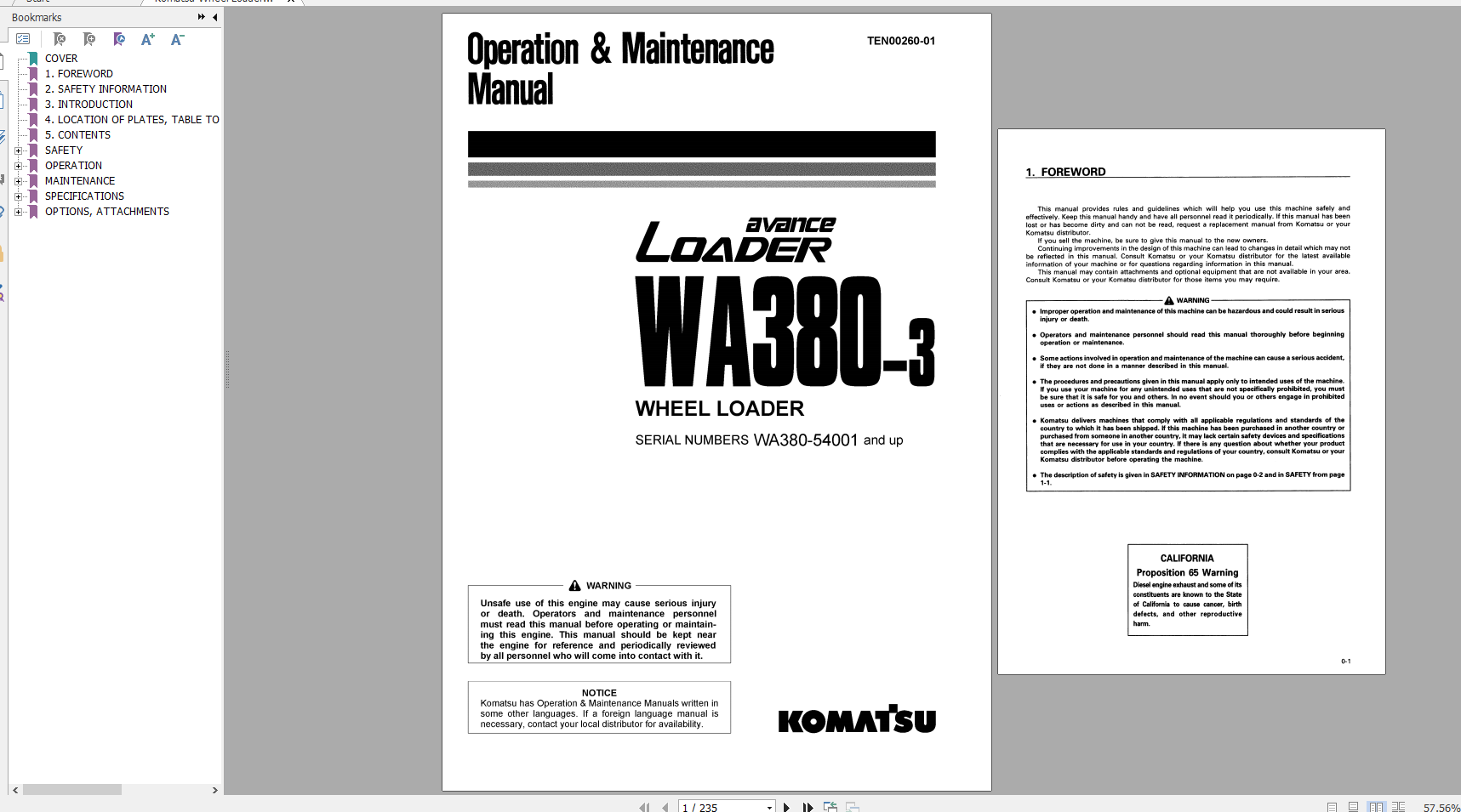 Komatsu Wheel Loader WA380 3 Operation Maintenance Manual TEN00260 01 2018