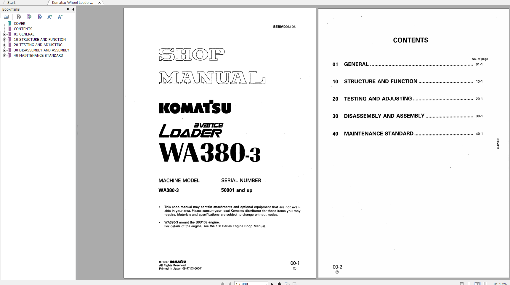 Komatsu Wheel Loader WA380 3 Shop Manual SEBM006105 1997