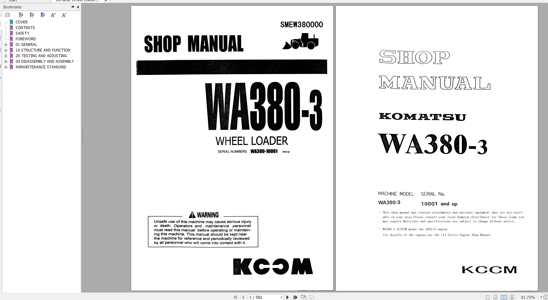 Komatsu Wheel Loader WA380 3 Shop Manual SMEW380000