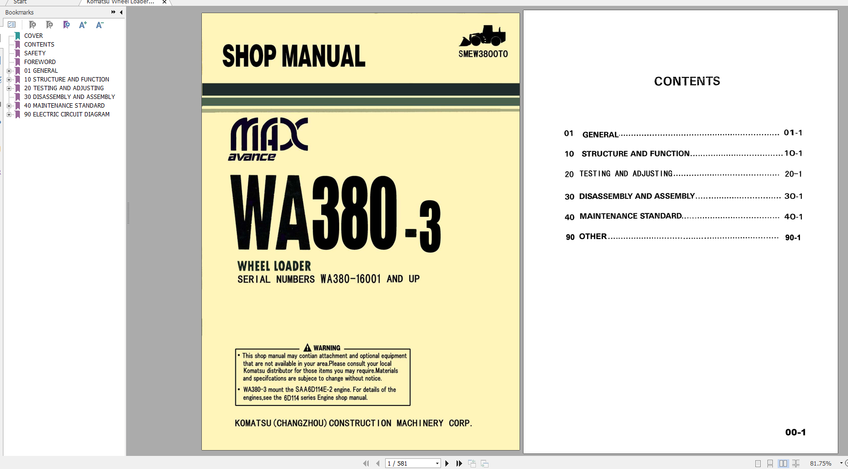 Komatsu Wheel Loader WA380 3 Shop Manual SMEW3800T0