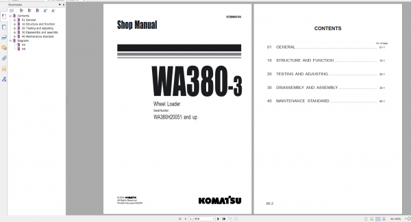 Komatsu Wheel Loader WA380 3 Shop Manual VEBM460104 2000