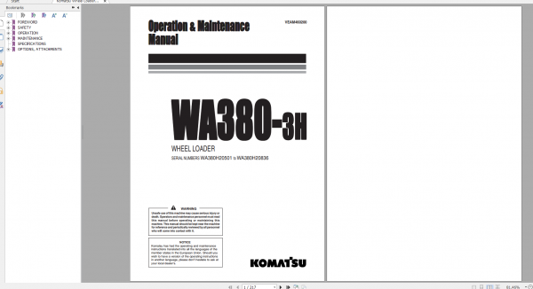 Komatsu Wheel Loader WA380 3H Operation Maintenance Manual VEAM460200 1998
