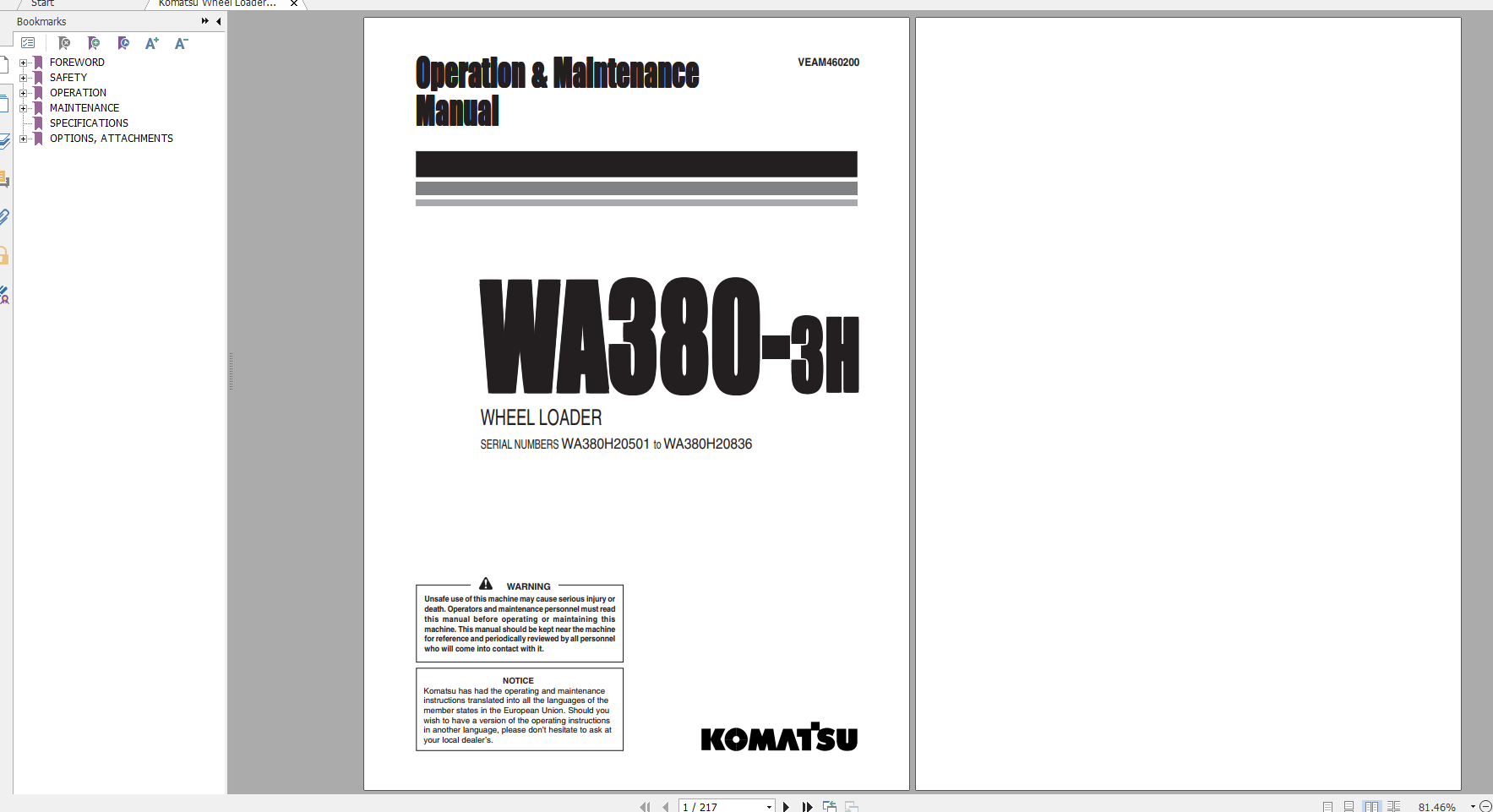 Komatsu Wheel Loader WA380 3H Operation Maintenance Manual VEAM460200 1998
