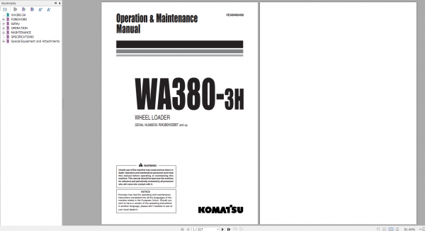 Komatsu Wheel Loader WA380 3H Operation Maintenance Manual VEAM460400 2001