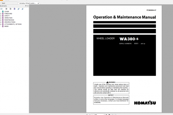 Komatsu Wheel Loader WA380 5 Operation Maintenance Manual PEN00084 07 2018