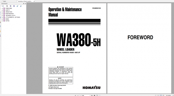 Komatsu Wheel Loader WA380 5H Operation Maintenance Manual VEAM920100 2006