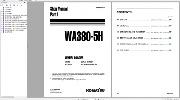 Komatsu Wheel Loader WA380 5H Part I Shop Manual VEBM920100 2002