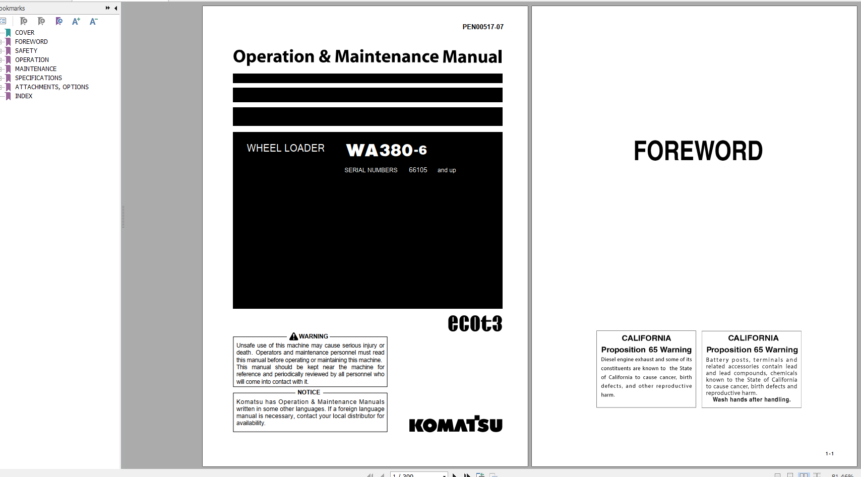 Komatsu Wheel Loader WA380 6 Operation Maintenance Manual PEN00517 07 2019