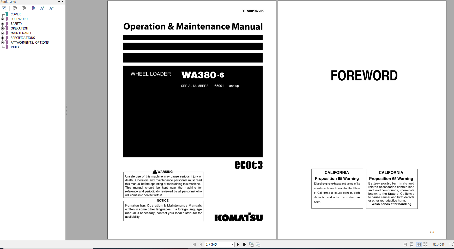 Komatsu Wheel Loader WA380 6 Operation Maintenance Manual TEN00187 05 2008