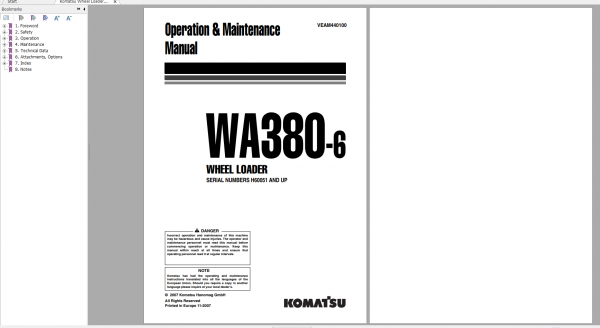 Komatsu Wheel Loader WA380 6 Operation Maintenance Manual VEAM440100 2007