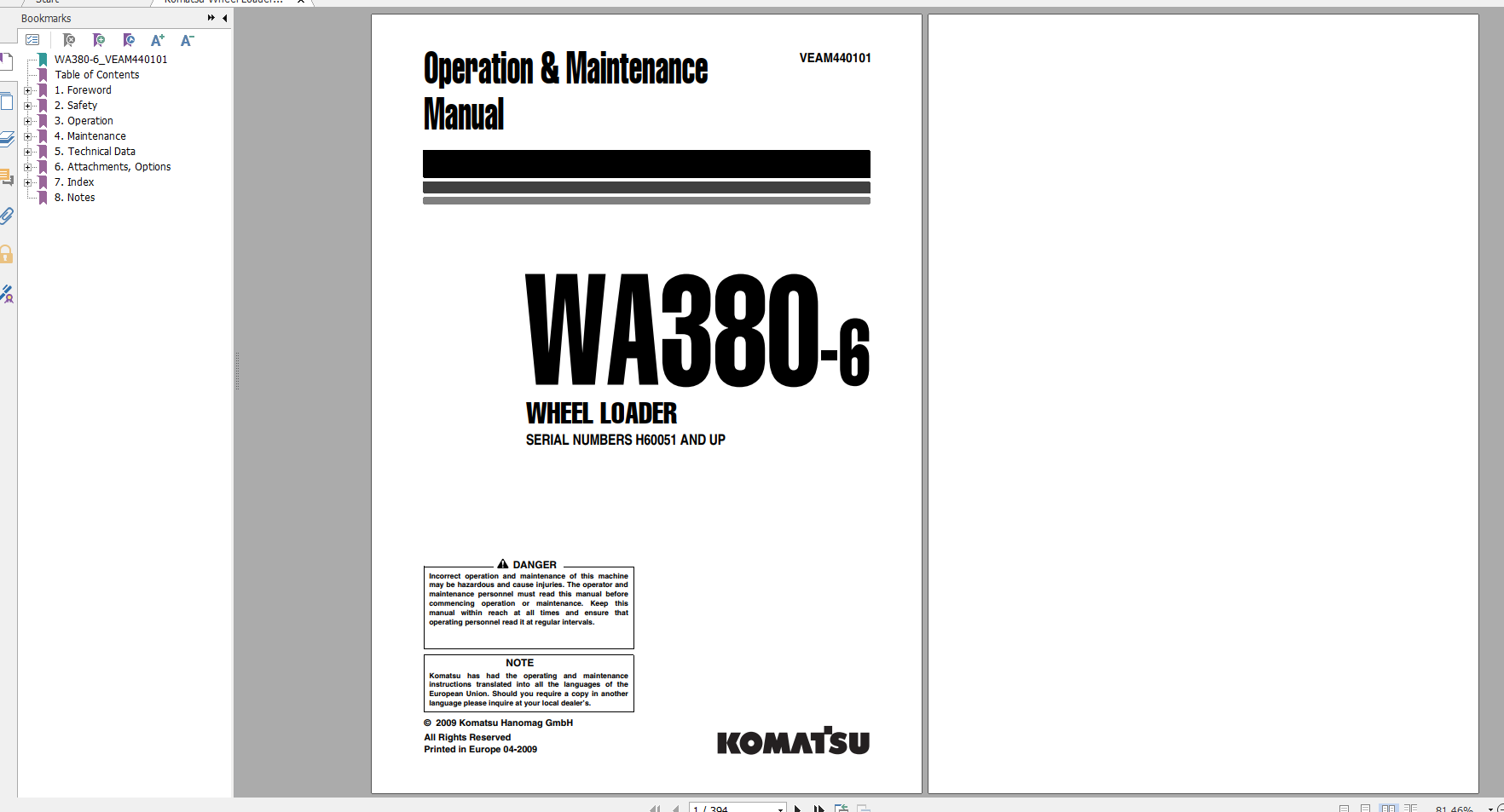 Komatsu Wheel Loader WA380 6 Operation Maintenance Manual VEAM440101 2009