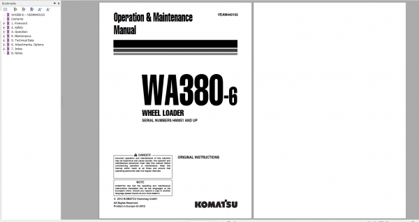 Komatsu Wheel Loader WA380 6 Operation Maintenance Manual VEAM440103 2012